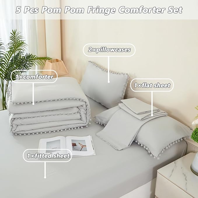 PERFEMET 5 Pieces Light Grey Bed in A Bag Queen Set Boho Pom Pom Bedding Set for Boys Girls Ultra Soft Fluffy Solid Bed in A Bag with Comforter and Sheets for All Season Use(Light Grey, Queen)