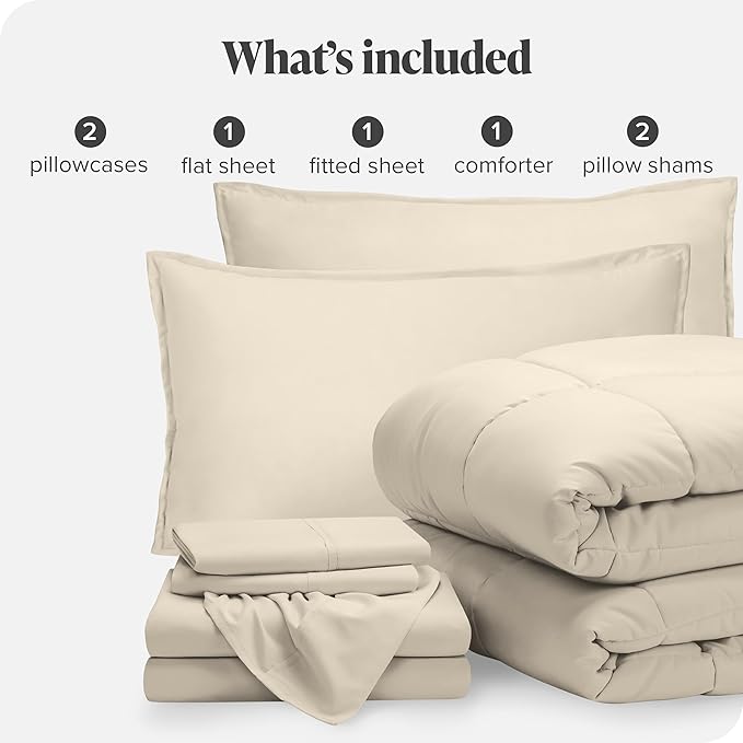 Bare Home Bed-in-A-Bag 7 Piece Comforter & Sheet Set - King - Goose Down Alternative - Ultra-Soft 1800 Premium - Bed Set (King, Sand/Sand)