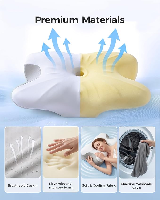Ergonomic Cervical Memory Foam Pillow with Wide Arm Support Area, Cooling Breathable Removable Pillowcase, for Side, Back and Stomach Sleepers, for Better Neck Comfort