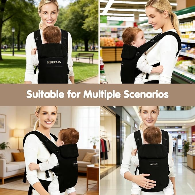 Baby Carrier (7–44 lbs), Soft Breathable Double-Shoulder Carrier with Adjustable Support, Ergonomic Design for Hip Positioning, Comfort Waist Support, Lightweight Hands-Free Baby Carrier (Black)