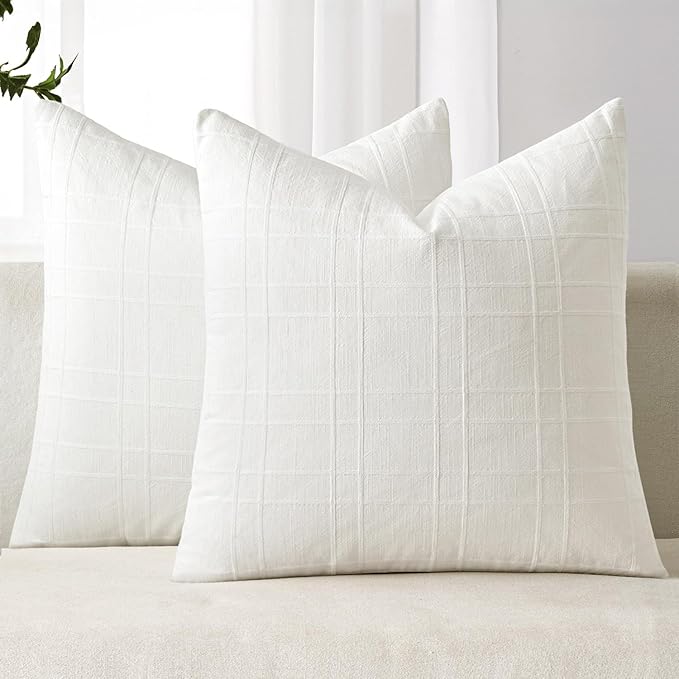 MIULEE Decorative Linen Check Euro Shams Throw Pillow Covers Neutral Farmhouse Vintage Pillow Covers 26x26 Set of 2 Boho Modern Home Decor for Sofa Couch Bedroom Cushion Cream White