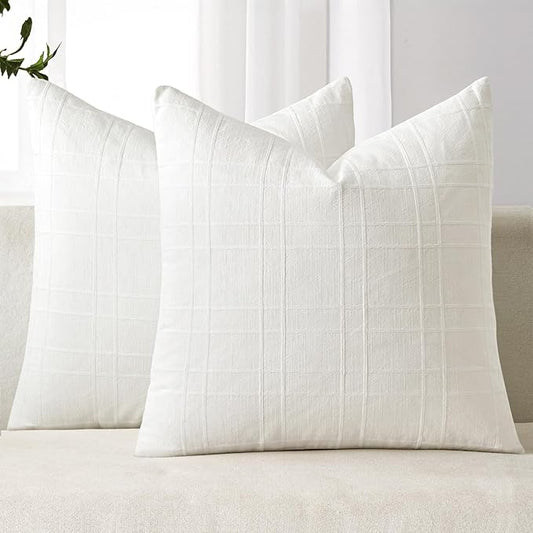 MIULEE Decorative Linen Check Euro Shams Throw Pillow Covers Neutral Farmhouse Vintage Pillow Covers 26x26 Set of 2 Boho Modern Home Decor for Sofa Couch Bedroom Cushion Cream White