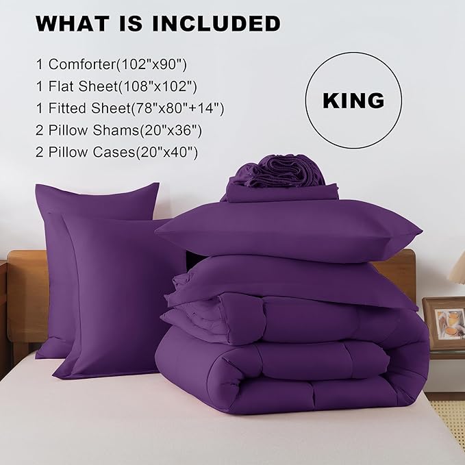 ELNIDO QUEEN® Purple King Size Comforter Set - 7 Pieces Comforter King Size, Ultra Soft Bed in a Bag Bedding Sets with All Season Comforter, Flat Sheet, Fitted Sheet and Pillowcases and Shams