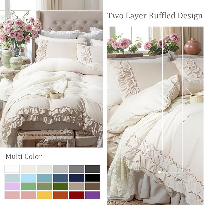 Bedorm Beige Duvet Cover Twin Shabby Chic Bedding Soft Breathable Washed Microfiber Ruffle Duvet Cover Coquette Cute Comforter Cover Girls Women