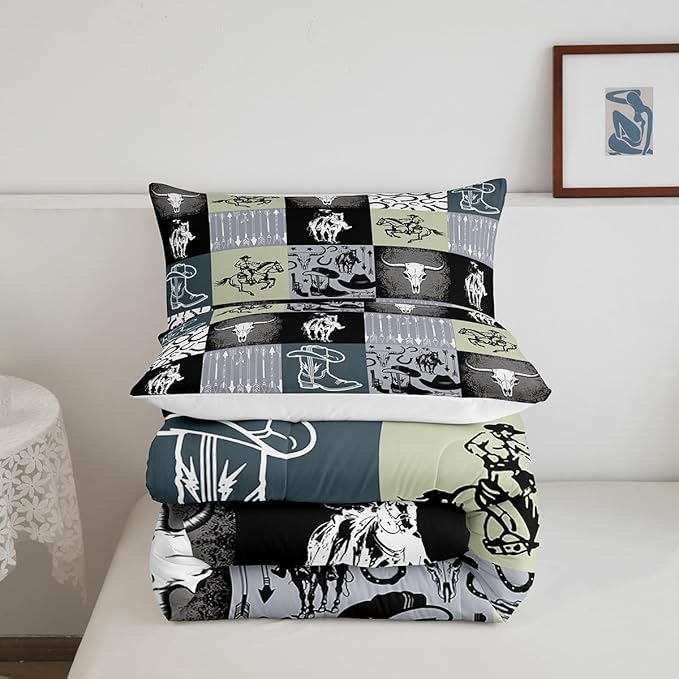Western Cowboy Comforter Set Kids Teens Vintage Farmhouse Bedding Set Teal Green Western 3D Geometric Quilt Set Bedroom Decoration King Size 1 Comforter Set 2 Pillowcases