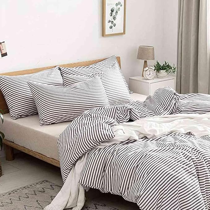 Nanko Striped King Size Duvet Cover Set, White and Grey Stripe Print Pattern 3 PCS - Microfiber Bedding Sets Comforter Cover Zip, Tie - Modern Farmhouse Style for Men and Women Teen, 104 X 90 in Gray