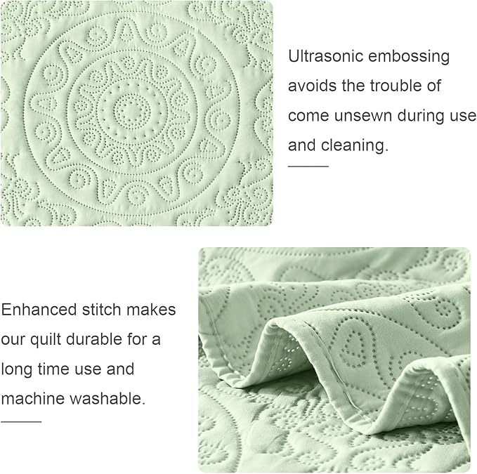 WURUIBO Light Green Quilt Set King/Cal King Size, Embossing Microfiber Bedspreads with Pillow Sham, Ligthweight Breathable Thin Coverlet, Reversible Bedding Set for All Season (1 Quilt,2 Pillow Shams)