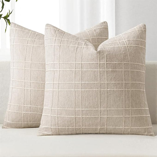 MIULEE Decorative Linen Check Euro Shams Throw Pillow Covers Neutral Farmhouse Vintage Pillow Covers 26x26 Set of 2 Boho Modern Home Decor for Sofa Couch Bedroom Cushion Natural Beige