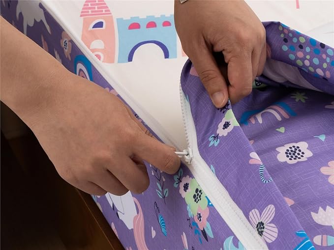 NTBED Unicorn Printed Zipper Bedding Sets Full Lightweight Microfiber Floral Comforter Sets with Fitted Sheet Pillow Covers,Purple