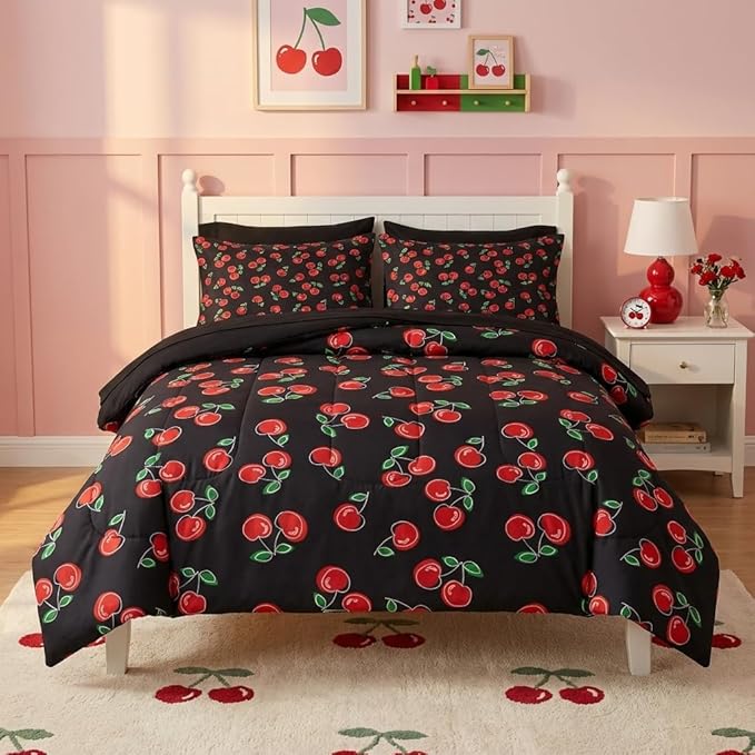 Nesker 5 Pcs Comforter Set Twin Size, Retro Red Black Bedding for Kids Teen, Cherry Fruit Bed Sheet with Pillowcase & Sham