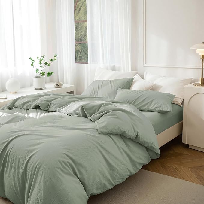 JIYUAN 100% Washed Cotton Duvet Cover Set 3 Pieces Cal King, 1 Duvet Cover 104x98 Inches(Comforter Not Included) and 2 Pillowcases,Linen Feel Bedding Set Comfy and Breathable, Heathered Sage Green