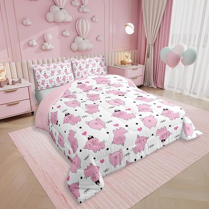 Erosebridal Pink Pig Comforter Set for Girls Kawaii Room Decor Full,Cute Pigs Bedding Set for Kids Boys Children Farm Animal Quilted Duvet Sets Cartoom Style Soft Lightweight Down Comforter 3 Pcs