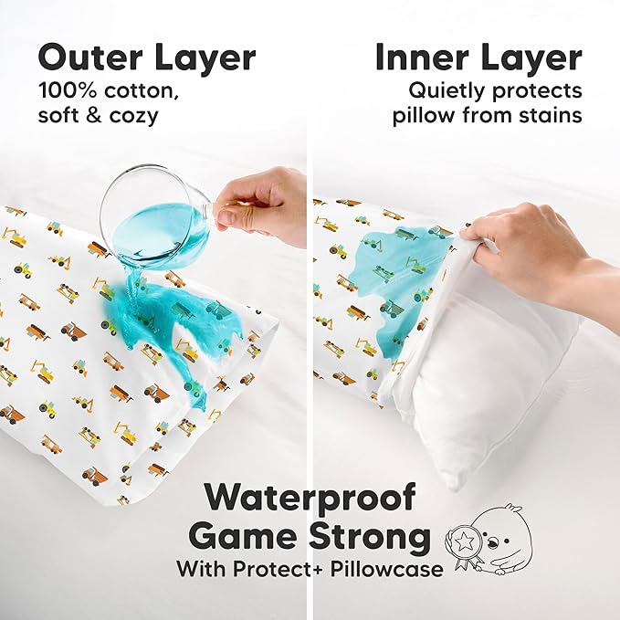 KeaBabies 13 x 18 Toddler Pillowcase, 2-Pack Waterproof - Soft Waterproof Toddler Pillow Protector Cover for Kids, Boys, Girls, Machine Washable, Small Travel Pillow Sold Separately (Construction)