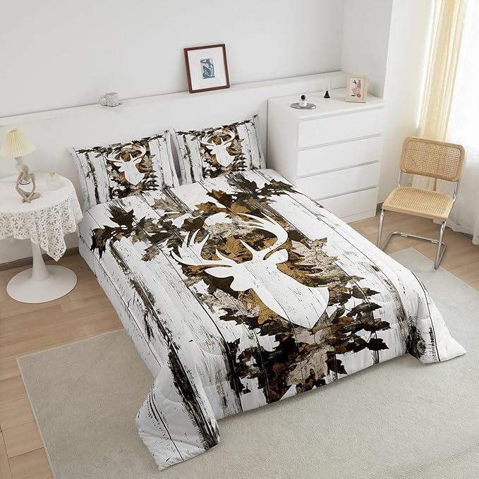 Feelyou Camo Deer Comforter Set Queen Size Deer Antlers Army Camouflage Bedding Set Boys Girls Hunting Comforter Set Animal Duvet Insert Bed Set 3Pcs