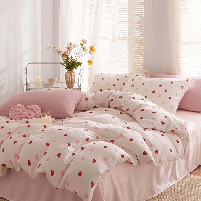 Nayoroom Heart Duvet Cover Full Size Red Pink Hearts Printed on White Coquette Bedding Set for Kids Girls 3 Pcs Soft Breathable Microfiber Comforter Cover with Zipper Closure