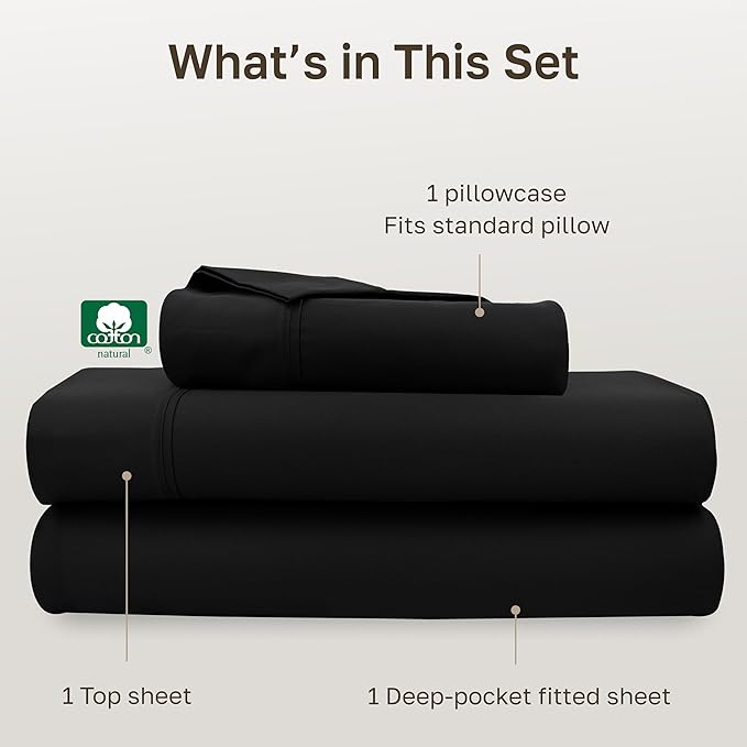 California Design Den Twin XL Sheet Sets - 400 Thread Count Sateen, 100% Cotton Sheets Set, Deep Pockets, and Durable Bedding for Dorm Rooms & Adults - Black