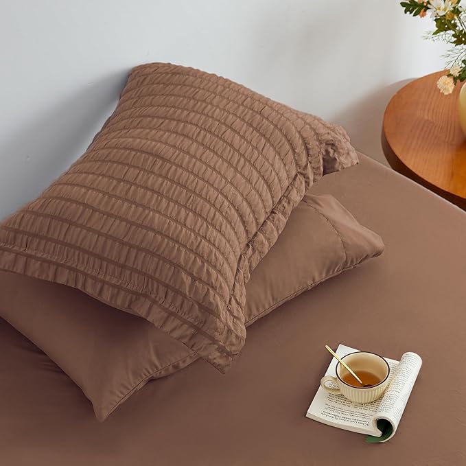 Love's cabin Seersucker Mocha Mousse Twin XL Comforter Set, 5-Piece All Season Lightweight Bed in a Bag Bedding Set with Comforter, Flat Sheet, Fitted Sheet, Pillowcase and Sham | Soft, Breathable, Lightweight