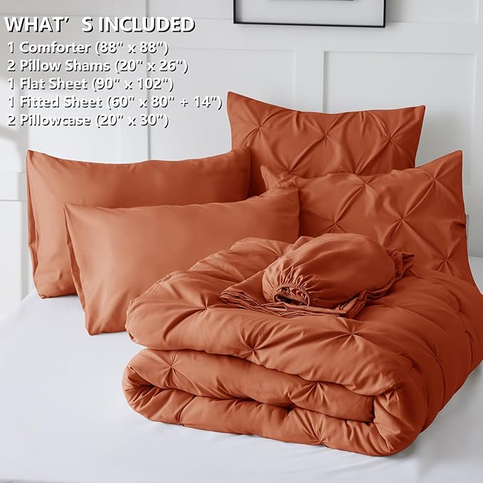 Queen Comforter Set Burnt Orange, 7 Pieces Pintuck Bed in A Bag Queen Size Bedding, Soft Bed Set All Season Pinch Pleat Comforter Set with Sheets, Pillowcases & Shams