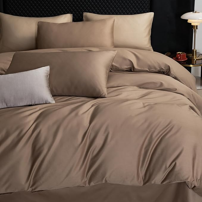 MooMee Duvet Cover Set 100% Extra Long Staple Cotton 600 Thread Count Silky Sateen Smooth Luxury Soft Breathable Durable Hotel Quality Bedding, 3 Pieces (Brown, Queen 90"x90")
