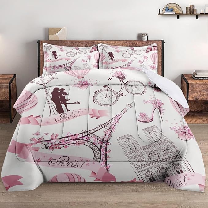 Queen Size Comforter Set with 2 Pillowcases, Vintage Paris Eiffel Tower Love Soft 3 Pcs Bedding for Kids and Adults Bedroom Bed Decor
