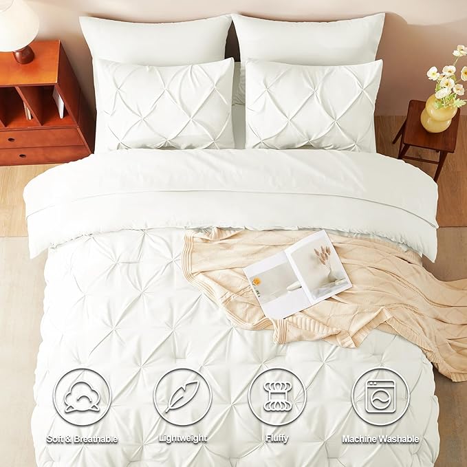 Full Comforter Set Ivory, 7 Pieces Pintuck Bed in A Bag Full Size Bedding, Soft Bed Set All Season Pinch Pleat Comforter Set with Sheets, Pillowcases & Shams
