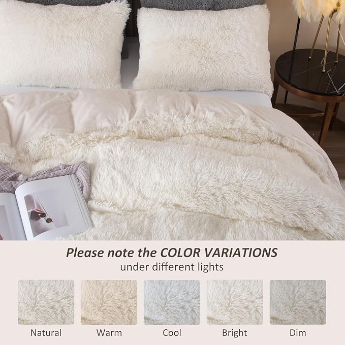 EMME Luxury White Fuzzy Duvet Cover Set King Size 3 Pieces Fluffy Comforter Cover Set for King Bed Shaggy and Plush Soft Bedding Duvet Covers (White, King)