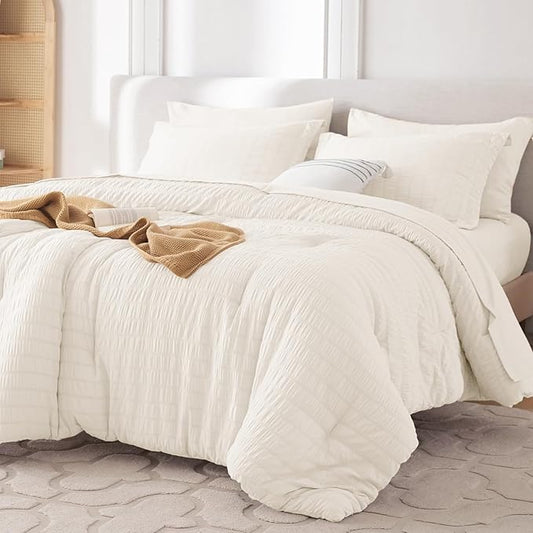 MUXHOMO 7 Pieces Queen Comforter Set, Seersucker Bed in a Bag Queen Size, All Season Luxury Bedding Set with Comforter, Flat Sheet, Fitted Sheet, Pillowcases & Shams, Ivory
