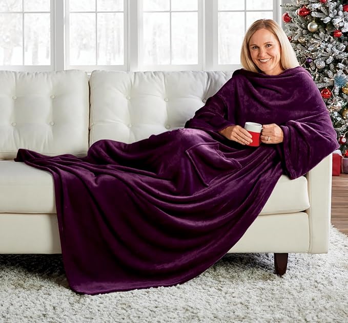 Montgomery Ward Plush Sleeved Throw, Wearable Blanket - Throw, Soft, Comfortable, Plum, 50" x 70"