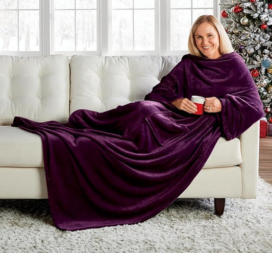 Montgomery Ward Plush Sleeved Throw, Wearable Blanket - Throw, Soft, Comfortable, Plum, 50" x 70"