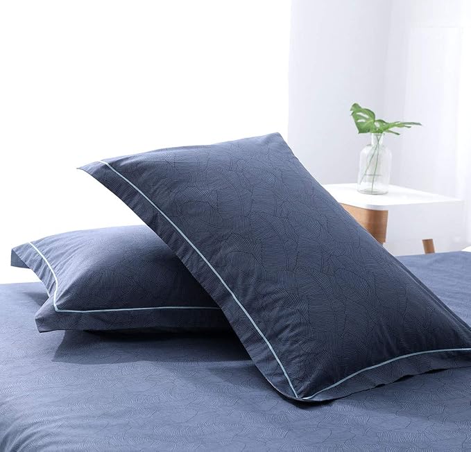 SLEEPBELLA Duvet Cover Queen Size, 600 Thread Count Cotton Navy & Grey Printed with Luxurious Blue Leaves Pattern Reversible Botanical Comforter Cover Sets, Bedding Set 3Pcs (Queen, Navy-Blue Leaves)