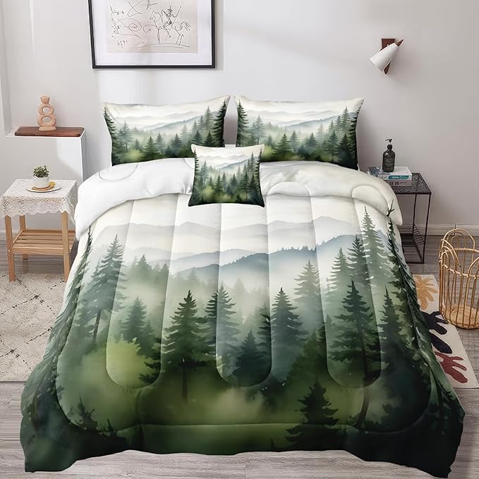 Bedbay Misty Forest Bedding Set Queen Size Nature Mountain Comforter Set Aesthetic Room Decor Cabin Style Quilt Duvet Set 4 Pieces for All Seasons 1 Comforter 2 Pillowcases 1 Cushion Cover