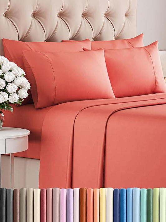 King 6 Piece Sheet Set - Comfy Breathable & Cooling - Ultra Soft Hotel Luxury Bedding Set with 8-16 Inch Deep Pockets - 1 Flat & 1 Fitted Sheet & 4 Pillowcases - Cozy, Wrinkle Free & Easy Care - Coral
