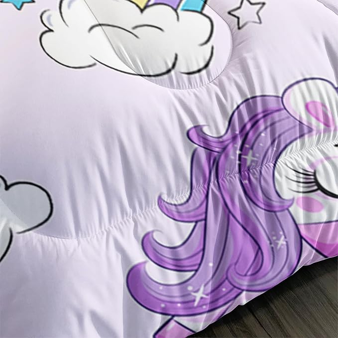 Axolotl Purple Unicorn Comforter Set Full Size, Kids Bedding Set, Cute Unicorn Rainbow Bedding Set with Stars, 3Pcs (1 Comforter + 2 Pillowcases), Unisex, Modern Style, All Seasons