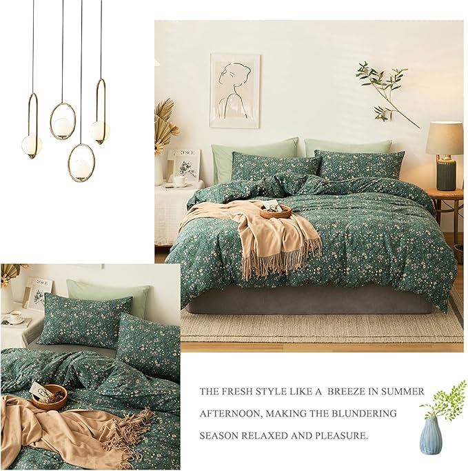 HighBuy Jersey Knit Cotton Duvet Cover Twin XL Green Floral Bedding Set 100% T-Shirt Comfy Bedding Sets Super Soft Garden Chic Knit Cotton Comforter Cover Twin XL Size