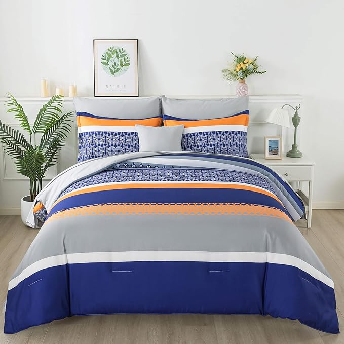 8 Pieces Bed in a Bag Stripe Comforter Set Queen Size,Blue Patchwork Striped Comforter with Sheets Set Soft Microfiber Boho Bedding Sets (Blue,Grey)