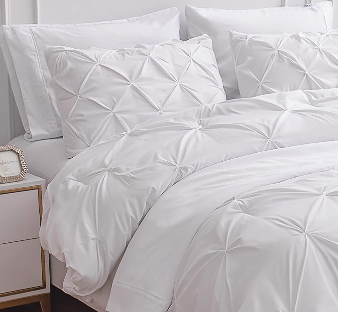 LANE LINEN Twin XL Comforter Set - Extra Long 5 Piece Dorm Bedding Sets - Pinch Pleat Bed in a Bag - Includes Pintuck Comforter, Sheets, Pillowcase & Sham - Durable Stitching for Everyday Use - White | Durable stitching, Soft pinch pleat, Extra long co...