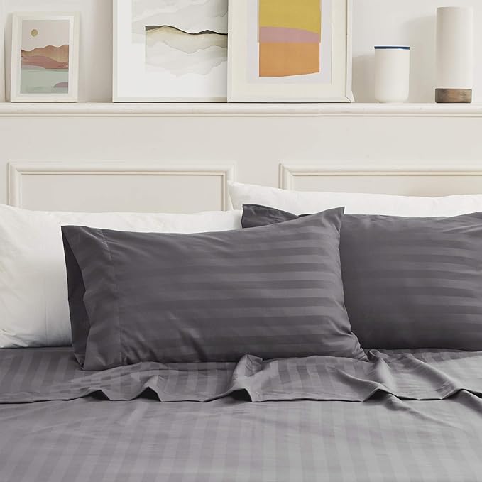 SLEEP ZONE Striped Cooling Queen Sheets Set - Fitted Flat Sheet & Pillowcase Sets 4 Piece - Super Soft Stripe Bed Sheet, Easy Care, Deep Pocket (Gull Grey, Queen)