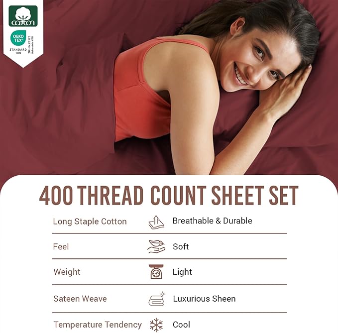 Pizuna Pure 100% Cotton Sheets California King Size, Luxurious 400 Thread Count Long Staple Cotton Sateen Sheets California King with 15" Deep Pocket (Combed Brick Red Cotton Sheets California King)