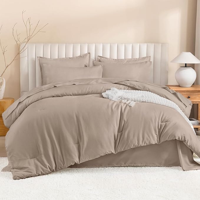 Litanika King Size Comforter Set Light Coffee - 7 Pieces Bed in a Bag Beddding Sets, Solid Lightweight Bed Set with Comforter, Sheets, Pillowcases & Shams