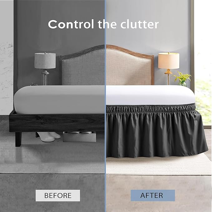 FreshCulture Full Bed Skirt, Elastic Wrap Around Bed Skirt Full Bed, Easy Fit with 18-Inch Tailored Drop, Hotel Quality Dust Ruffle for Full Size Bed, Bed Skirt Full Size (Black)