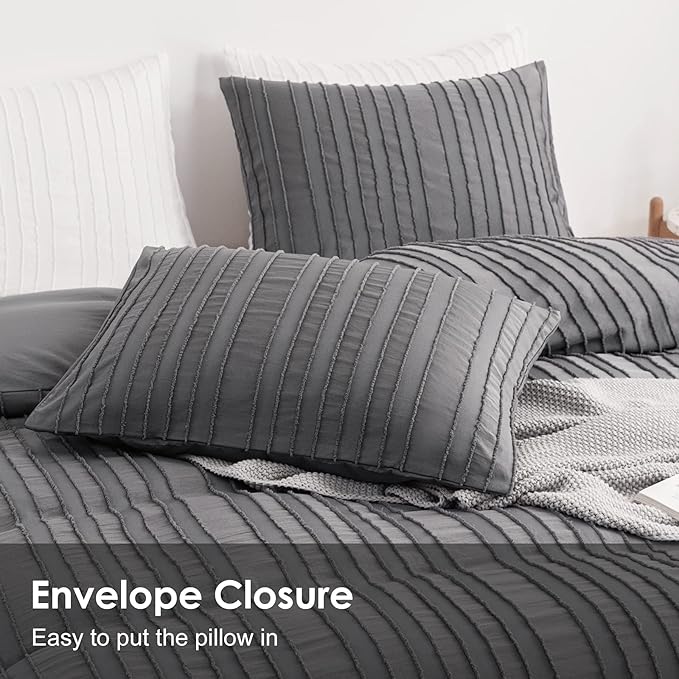 WARMDERN Gray Boho Duvet Cover Set King Size, Striped Textured Duvet Cover Tufted Bedding Set, 3 Pcs Ultra Soft Washed Microfiber Duvet Cover with Zipper Closure (King, Gray)