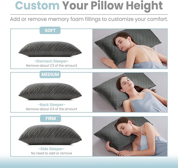 Bafode Memory Foam Pillows Standard Size Set of 2, Shredded Memory Foam Pillows, Cooling Pillow for Sleeping, Adjustable Bed Pillows for Side, Back and Stomach Sleepers