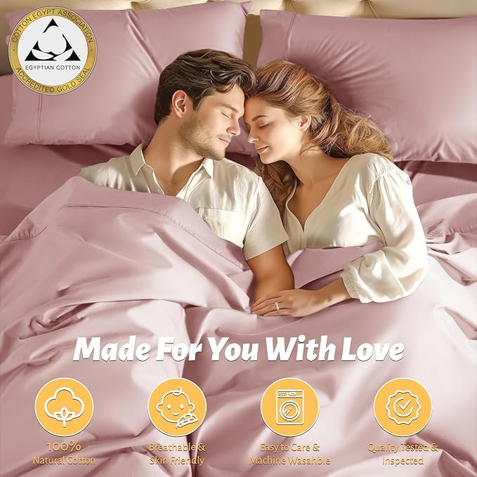 Shilucheng 100% Egyptian Cotton Queen Size Sheets Set - 1000 Thread Count，Luxury Cotton Bed Sheets，Breathable & Cooling Bedding and Pillow Cases, 16 Inch Deep Pocket - 4 Piece (Pink, Queen)