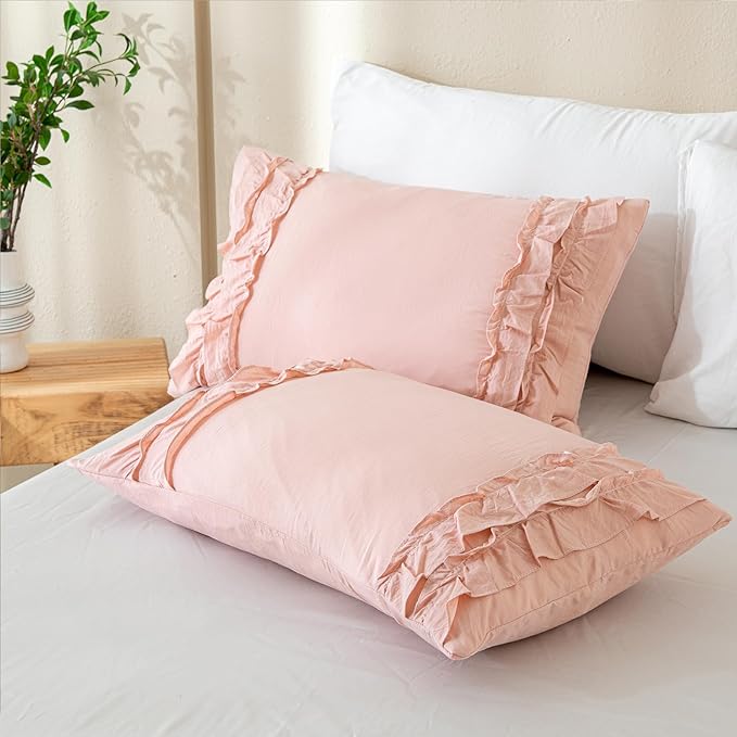 Pink Ruffled Duvet Cover Girls Coquette Bedding Set Cute Lace Fringe Ruffle Bedding Shabby Chic Farmhouse Style Super Soft Cozy Elegant Cover Cover Set King Size