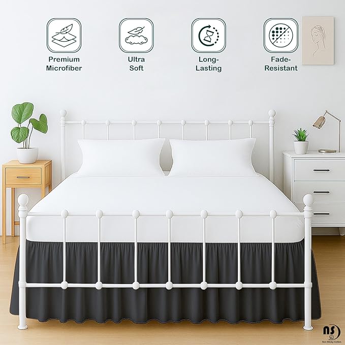 Premium Microfiber Full XL Ruffled Bed Skirt, 10” Drop with Split Corners, Soft Wrinkle Free Bedskirt with Platform, Solid Dark Grey Dust Ruffle for 54" x 80" Mattress
