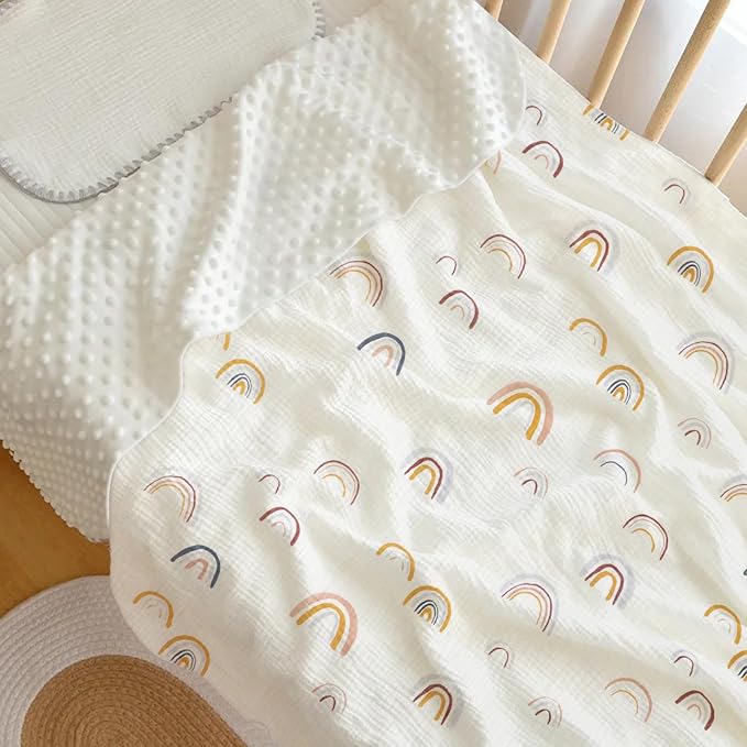 Cotton Muslin Front Fluffy-Backed Baby Swaddle Blankets Double Layer Nursery Plush Dotted Fleece Back Receiving Bed Quilt Blanket for Unisex Newborn Toddler Boys Girls 30 x 41 Inches