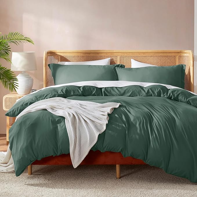 Nestl Full Duvet Cover Set with Comforter Insert - Forest Green 4 Piece 80x90 Duvet Cover & 2 Pillow Shams with White Quilted Down Alternative Comforter, Ultra Soft, All Season