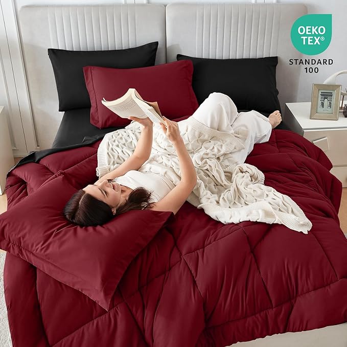 Sasttie Red & Black Queen Comforter Set, 7 Pieces Bed in a Bag Queen, Complete Bedding Set Includes Comforter, Flat Sheet, Fitted Sheet, Pillowcases and Pillow Shams, Burgundy