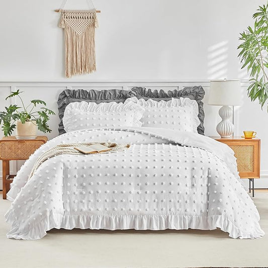 Tufted Dots Ruffle Comforter Set Full/Queen Size, 3 Pieces White Vintage Farmhouse Shabby Chic Comforters, Jacquard Boho Bohemian Bedding Set for All Season (1 Ruffled Comforter+ 2 Pillow Shams)