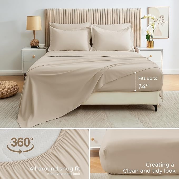 Sasttie California King Comforter Set, 7 Pieces Cal King Bed in a Bag, Complete Bedding Set Includes Comforter, Flat Sheet, Fitted Sheet, Pillowcases and Pillow Shams, Beige